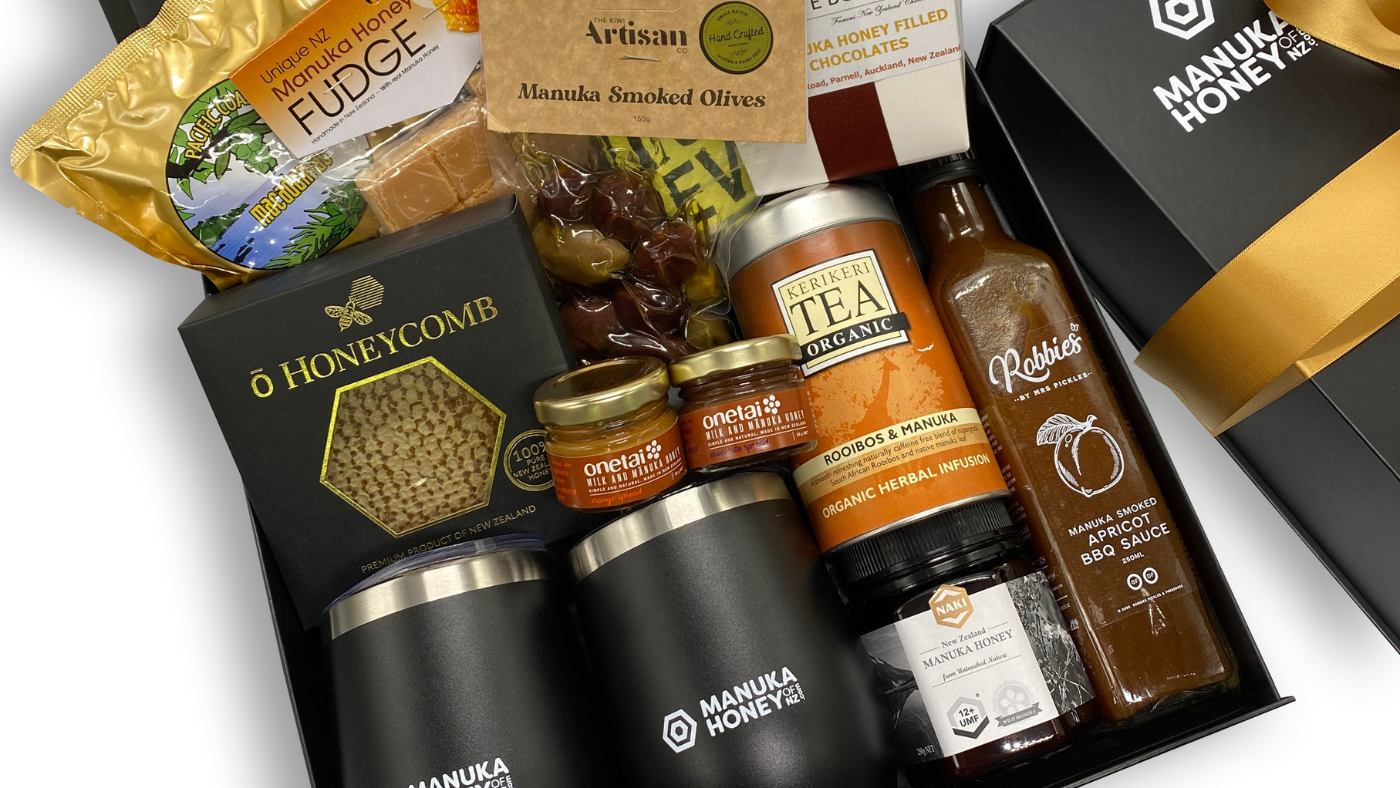 luxurious Manuka Honey gift baskets on table