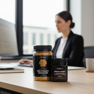 Two jars of Abeeco bee products a desk in an office