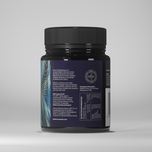 Black supplement jar with blue label on a gray background