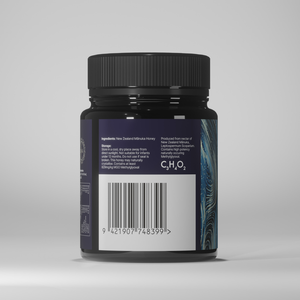 Black jar with a label on a gray background