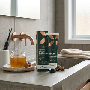 Manuka Honey toothpaste on a bathroom vanity