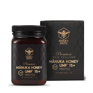 Manuka South Mánuka Honey UMF 15+ jar and packaging on a white background