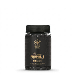 A black bottle of Manuka South Premium Propolis Extra Strength dietary supplement, containing 48 soft gel capsules, shown on a clean white background.