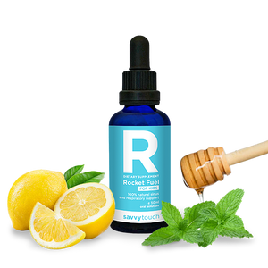 Rocket Fuel for Kids bottle with lemon and honey dipper