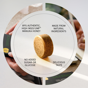 Manuka honey product with circular label detailing features