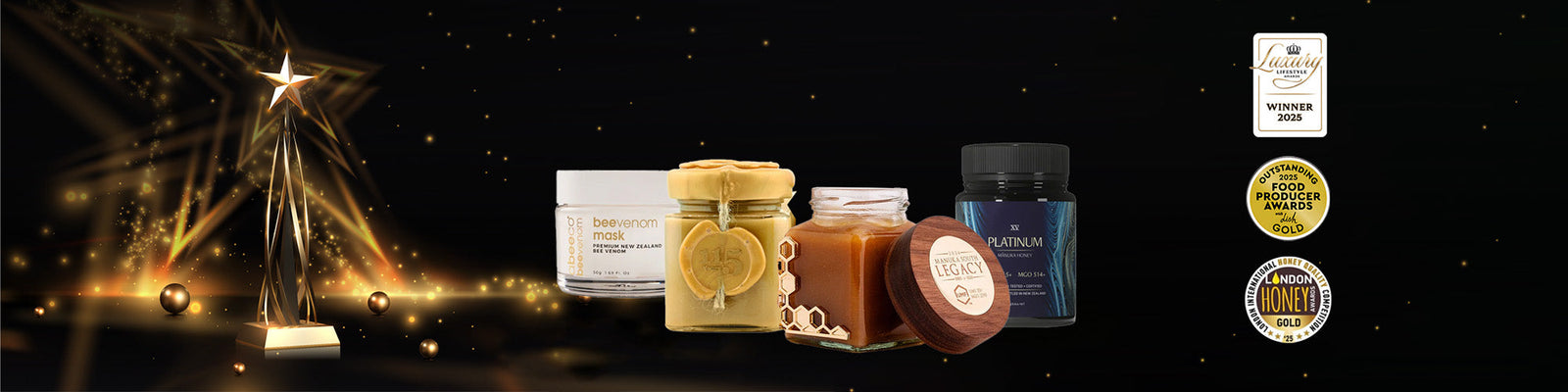 A star trophy on a black background for award winning Manuka Honey products