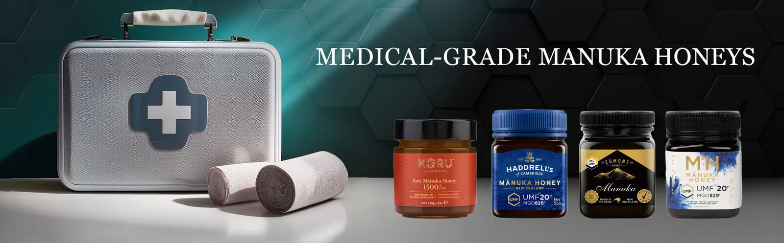 medical-grade Manuka honey range next to a first aid kit on a clean surface