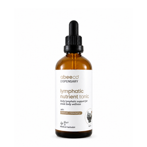 An amber glass dropper bottle of abeeco Dispensary Lymphatic Nutrient Tonic with a white label and black dropper cap, centered on a white background.
