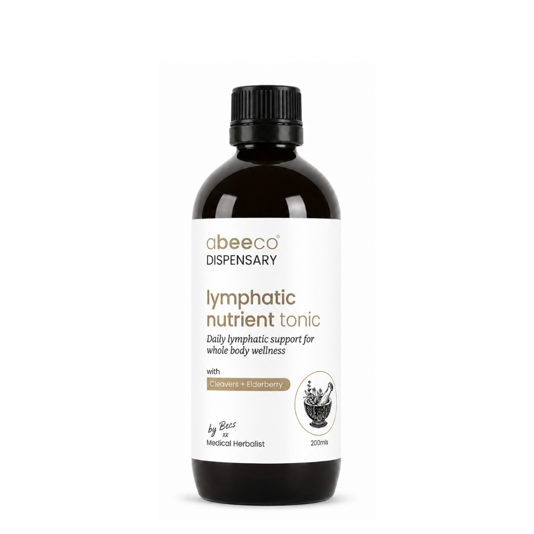 A 200ml dark amber glass bottle of abeeco Dispensary Lymphatic Nutrient Tonic with a white label and black cap, set against a plain white background.