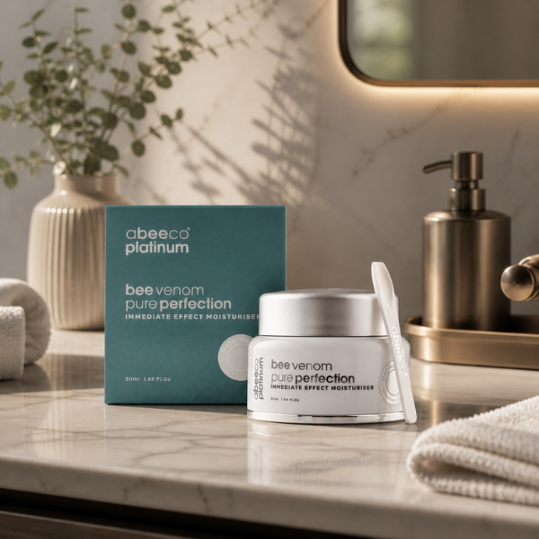 abeeco skincare on a marble bathroom vanity