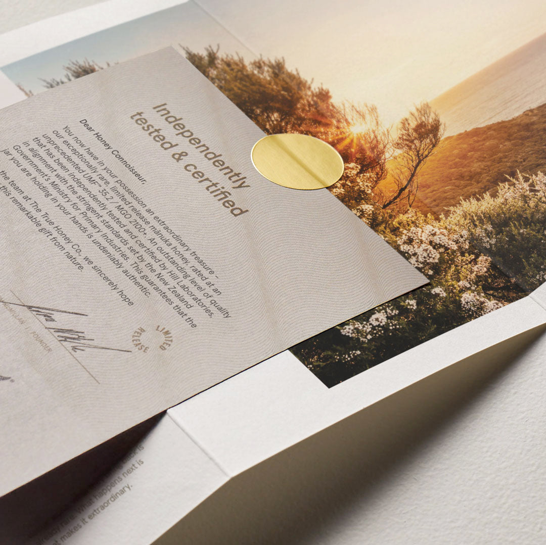 Authenticity certificate with packaging with a scenic background and gold seal