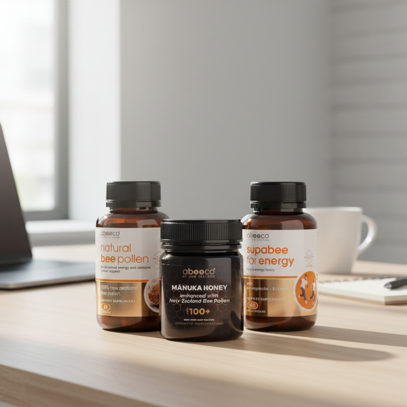 Three bee product bottles from Abeeco sitting on an office desk