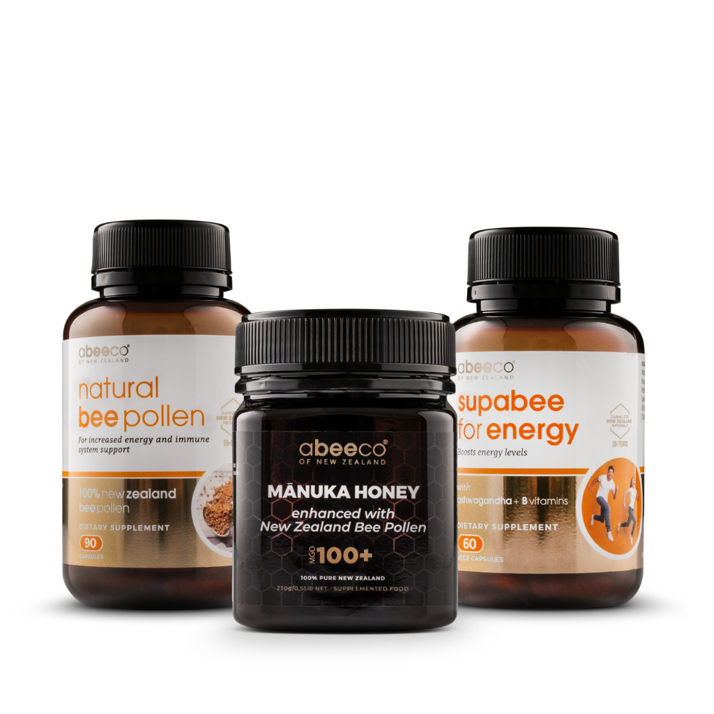 Three bee product bottles from Abeeco on a white background