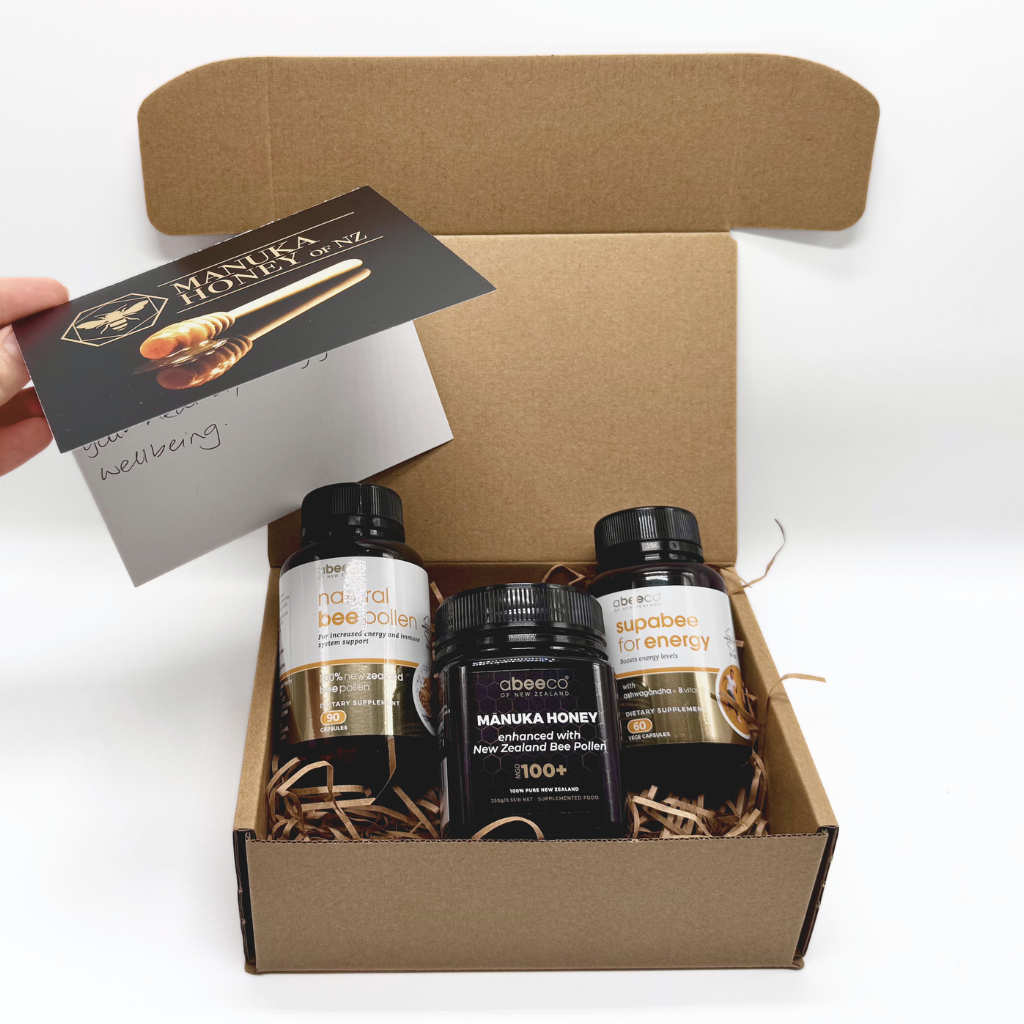 Manuka Honey of NZ workplace wellness set in a cardboard box.