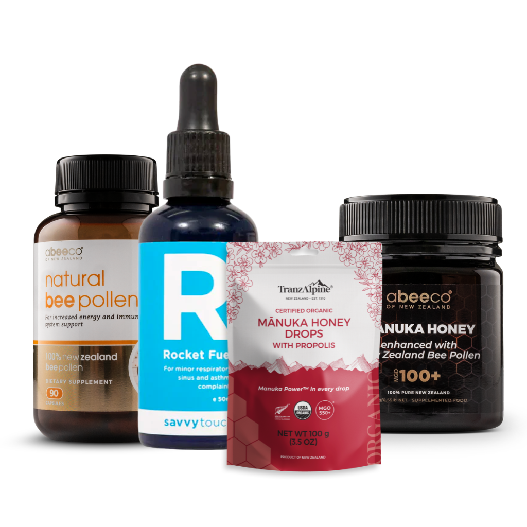 Collection of health and wellness products including bee pollen, honey, and supplements on a white background.