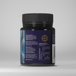 Black supplement jar with blue label on a gray background