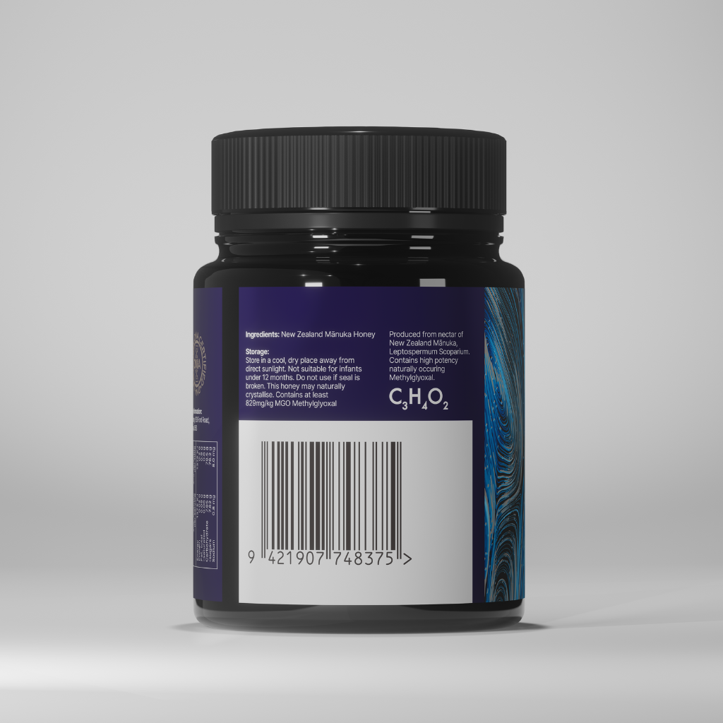 Black jar with a blue label on a gray background
