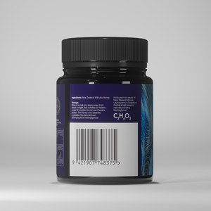 Black jar with a blue label on a gray background