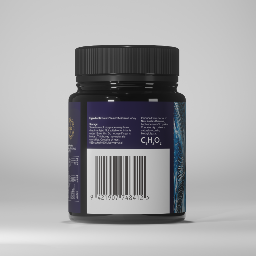Black jar with a blue label on a gray background