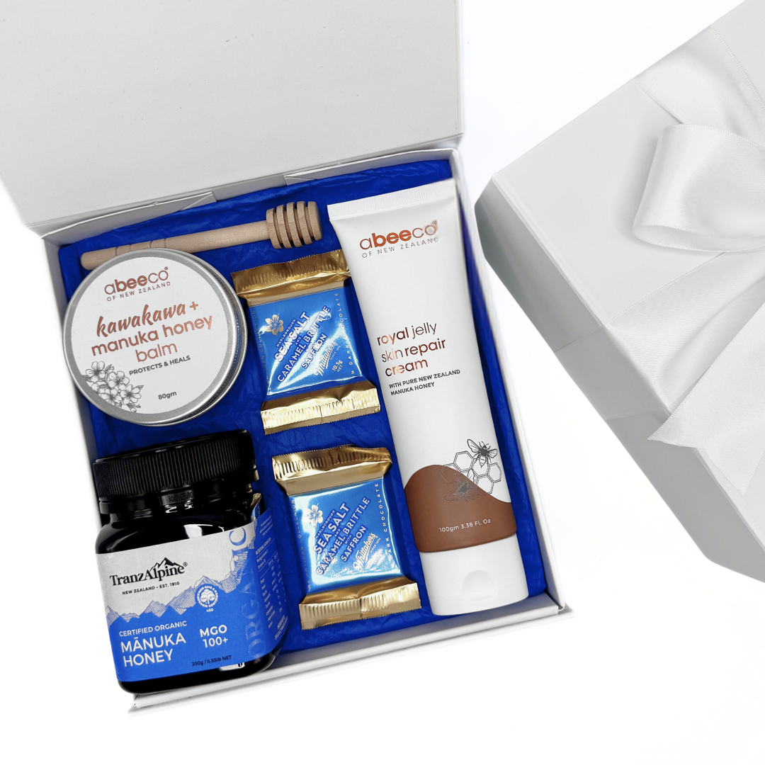 Gift set with skincare and honey products in a box
