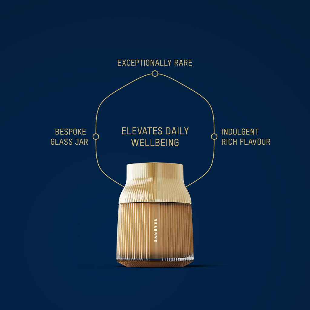 Manuka Health MGO1000+ Bespoke glass jar with text on a dark blue background