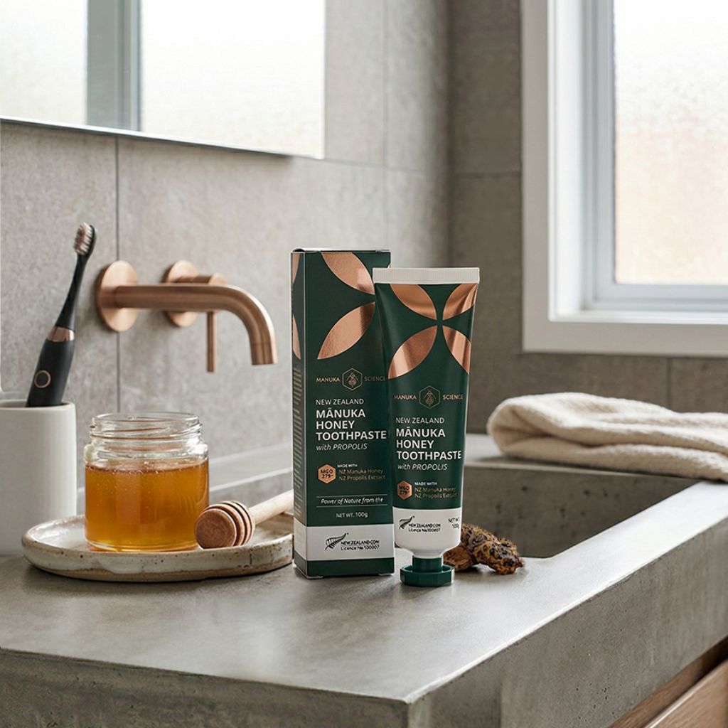 Manuka Honey toothpaste on a bathroom vanity