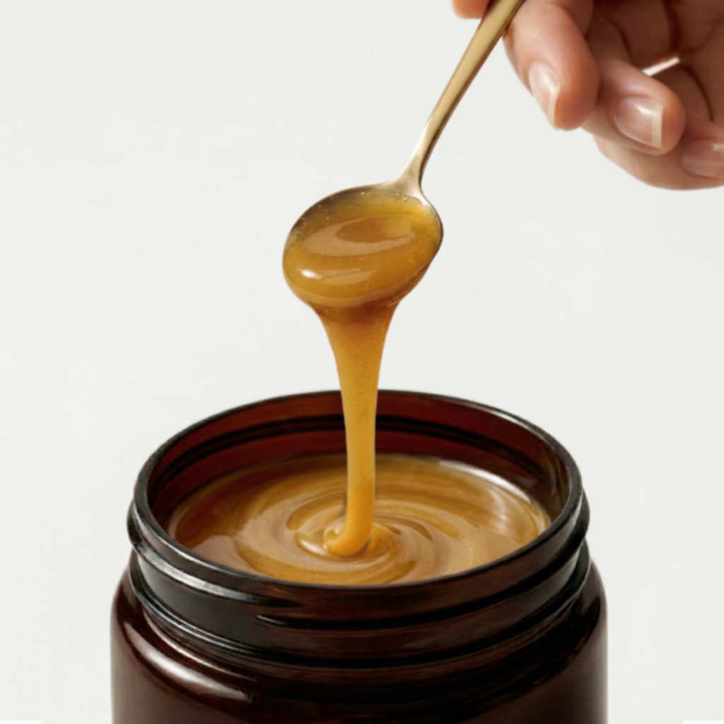 A jar of Manuka Science New Zealand Manuka Honey is shown in front of its black packaging box, with a gold spoon on a clean white background.