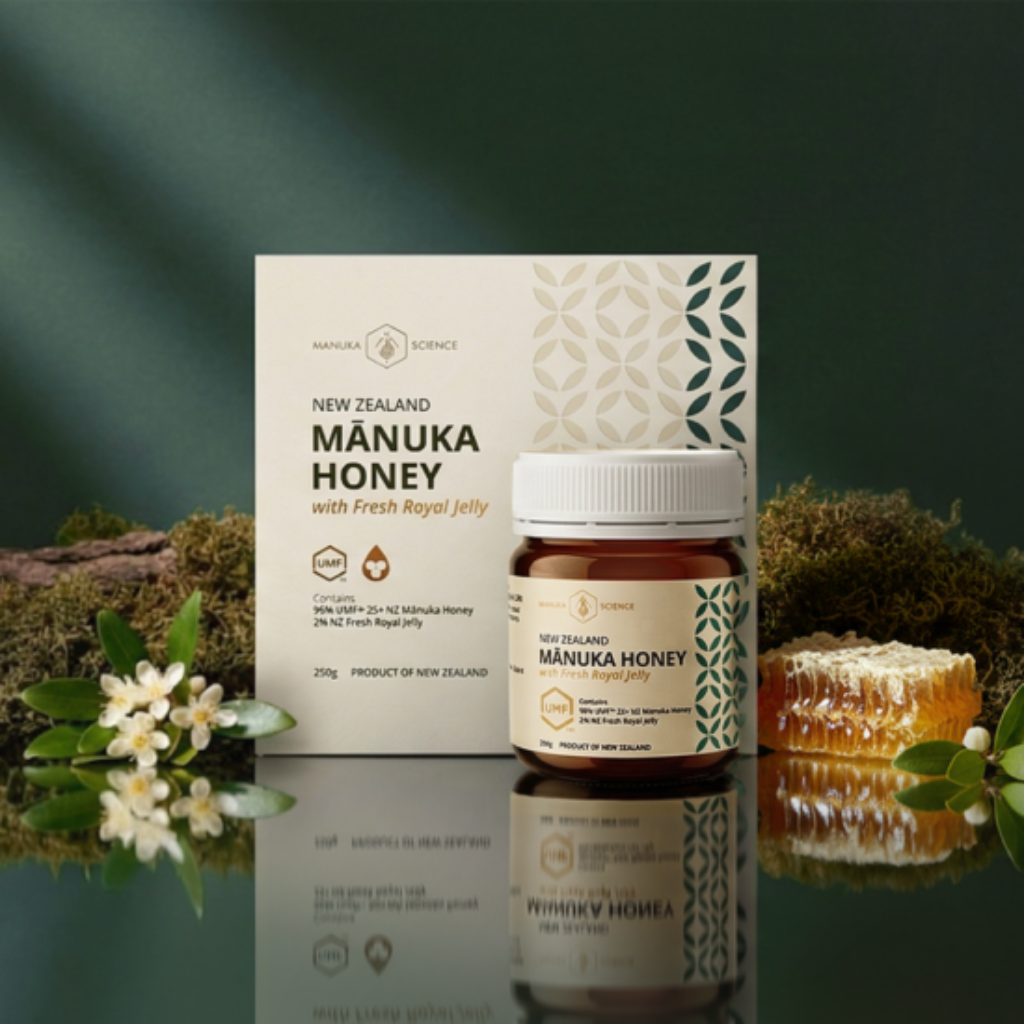 The Manuka Science UMF 25+ Mānuka Honey with Fresh Royal Jelly 250g — white gift box with amber jar and gold engraved honey spoon, Product of New Zealand