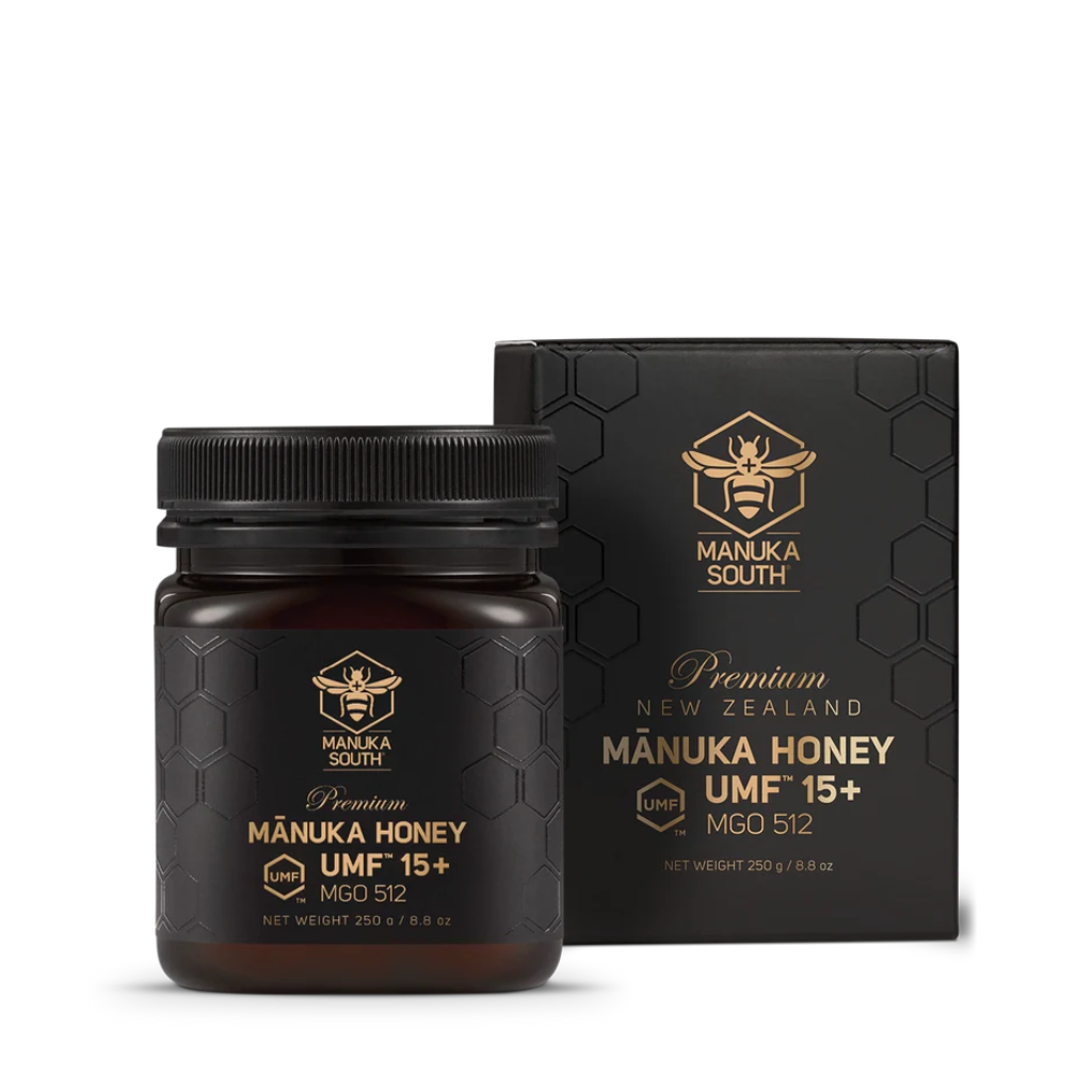 Manuka South Manuka Honey jar and packaging on a white background