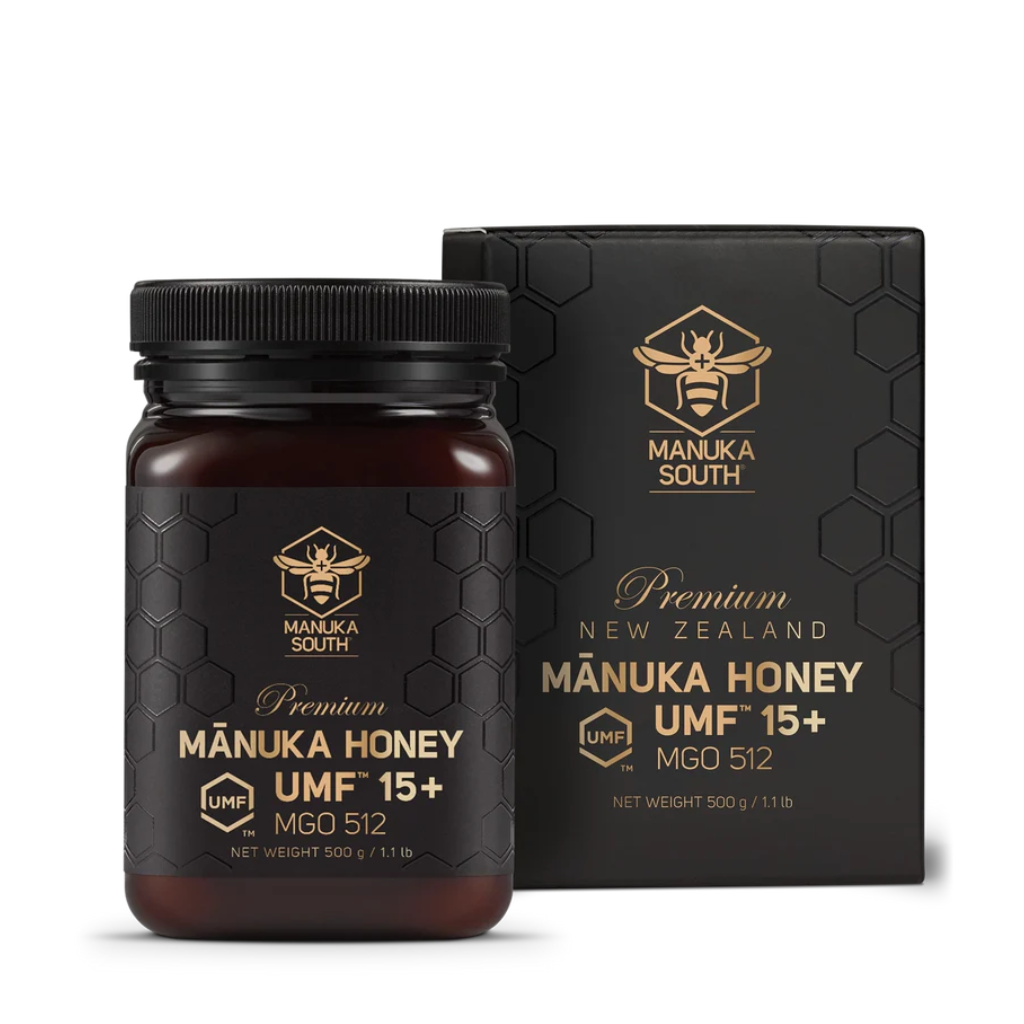 Manuka South Mánuka Honey UMF 15+ jar and packaging on a white background