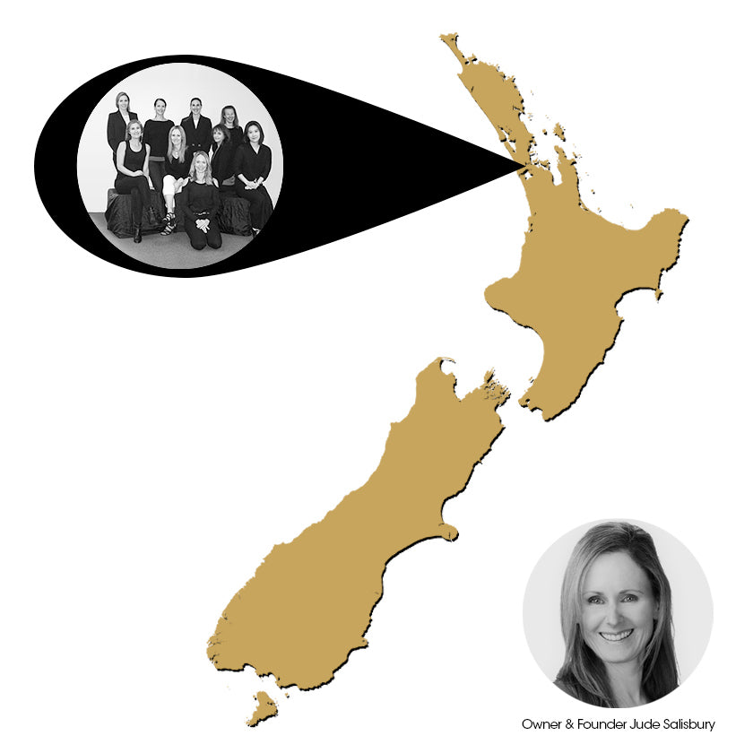 New Zealand map with locator of the Manuka Honey of New Zealand office. Inserted images of the team and owner and founder Jude Salisbury