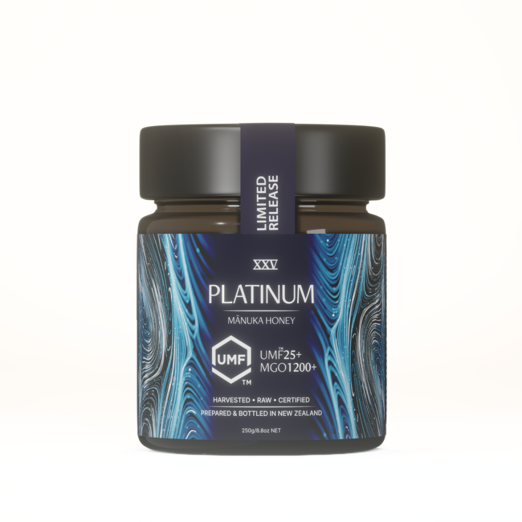 Platinum Manuka Honey jar with UMF and MGO certification on a white background