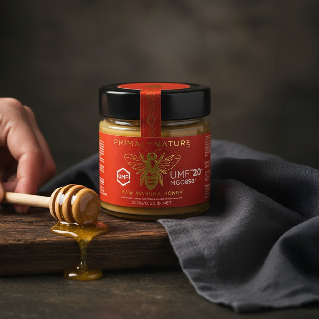 Jar of Prima Nature honey with a honey dipper on a wooden board.