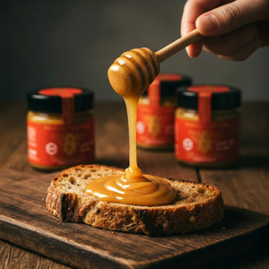 Honey being drizzled onto toast with jars of honey in the background