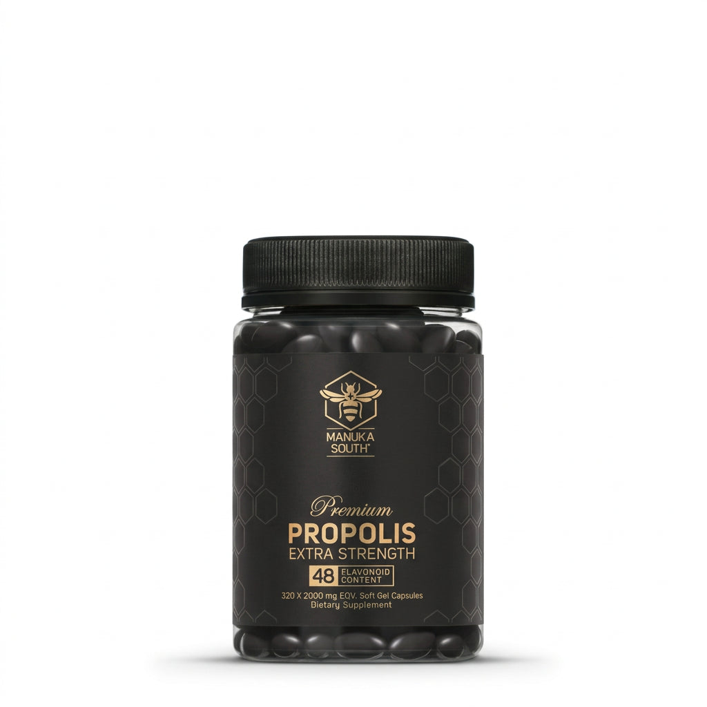 A black bottle of Manuka South Premium Propolis Extra Strength dietary supplement, containing 48 soft gel capsules, shown on a clean white background.