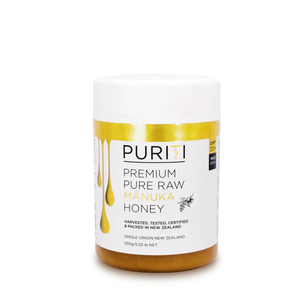 Puriti Premium Pure Raw Manuka Honey jar on a white background