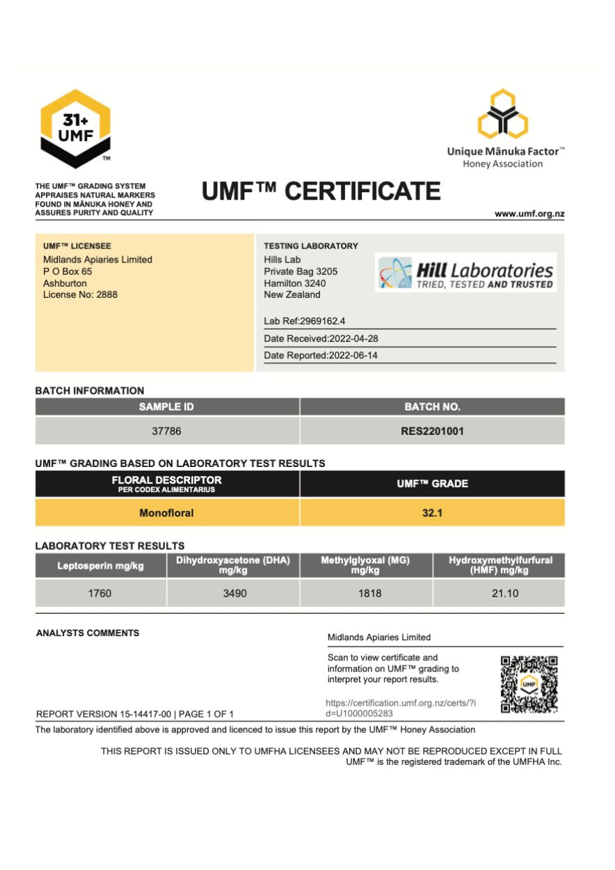 Puriti 31+ UMF Certificate 