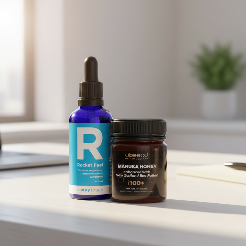 Bottle of Rocket Fuel and jar of Manuka Honey on a white background