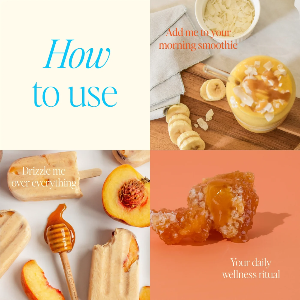 Promotional image for a product with text and images of honey being used in various ways.