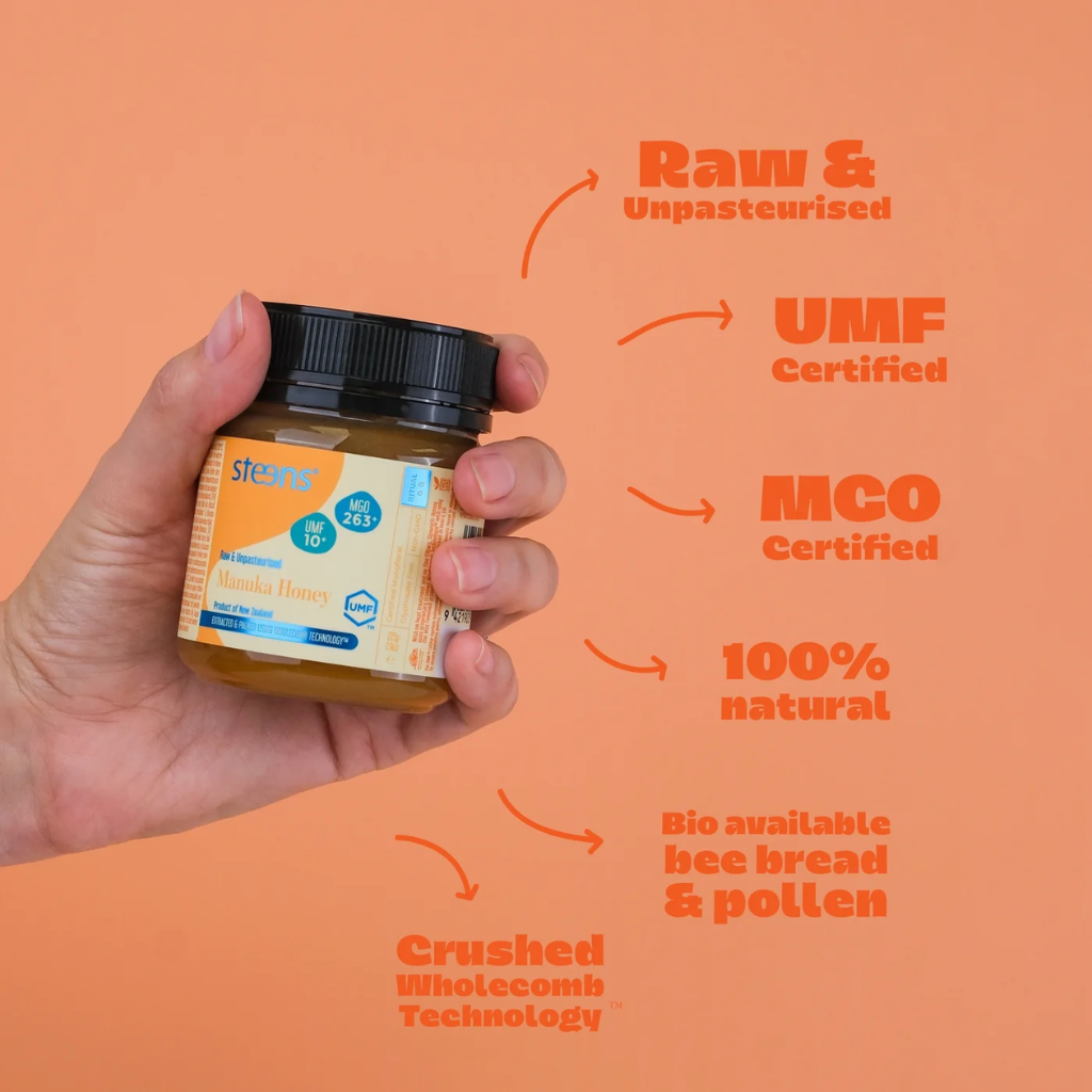 Hand holding a jar of honey with certification text on an orange background