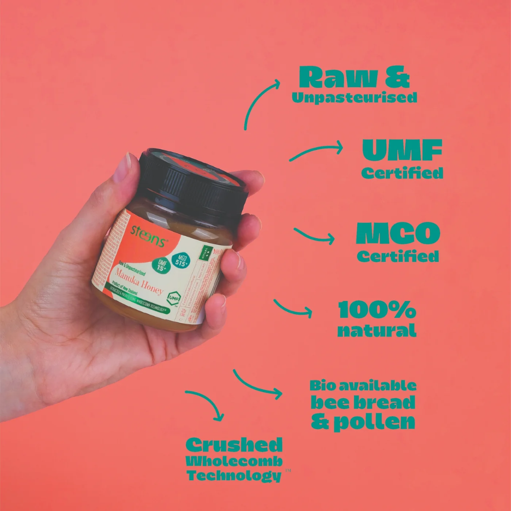 Hand holding a jar of honey with certification text on a pink background