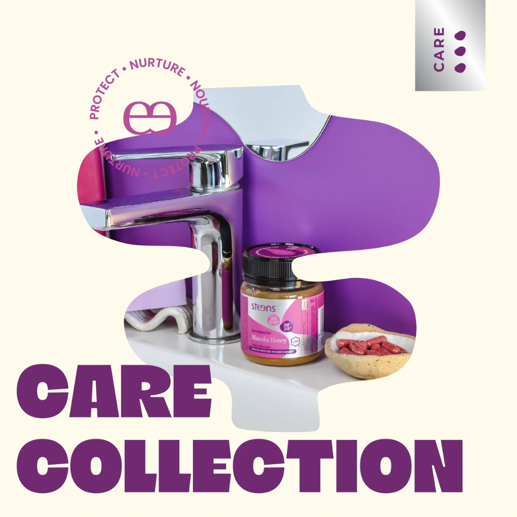 Product display with 'CARE Collection' branding featuring a faucet, jar, and container on a white background.
