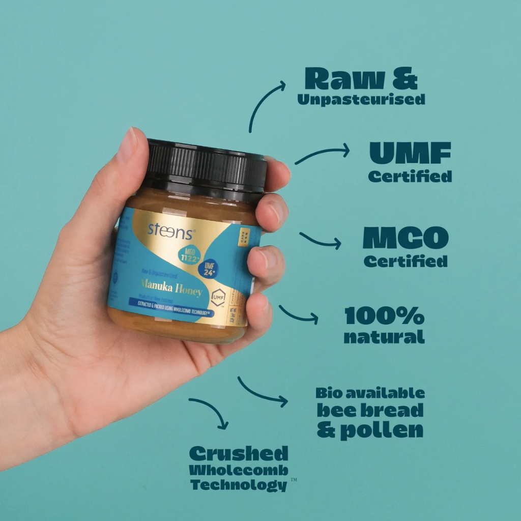 Hand holding a jar of Steens Manuka Honey with certification text on a teal background