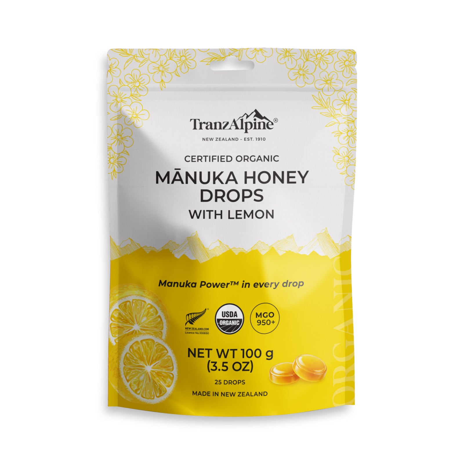 TranzAlpine Manuka Honey Drops packet on a white background