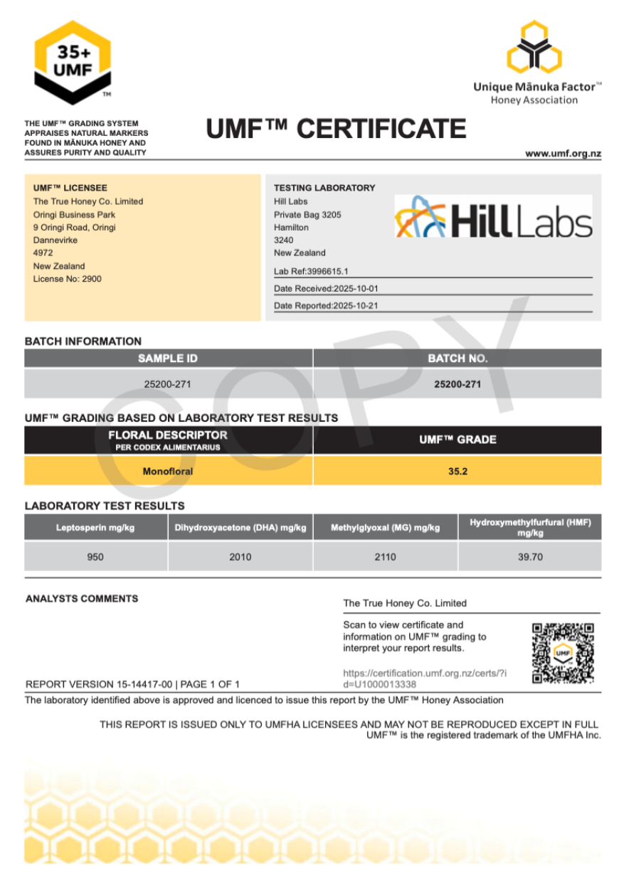 A UMF Grade 3.2 certification certificate from HillLabs and the Unique Mānuka Factor Honey Association, featuring a structured layout with yellow, blue, and black sections, a QR code, and a honeycomb logo.