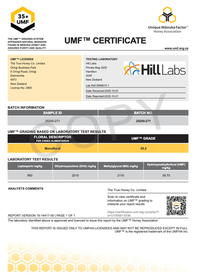A UMF Grade 3.2 certification certificate from HillLabs and the Unique Mānuka Factor Honey Association, featuring a structured layout with yellow, blue, and black sections, a QR code, and a honeycomb logo.