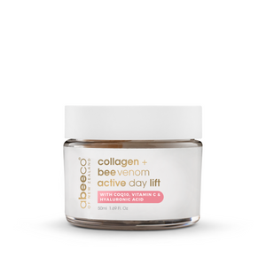 Skincare jar with 'abeeceo' branding on a white background