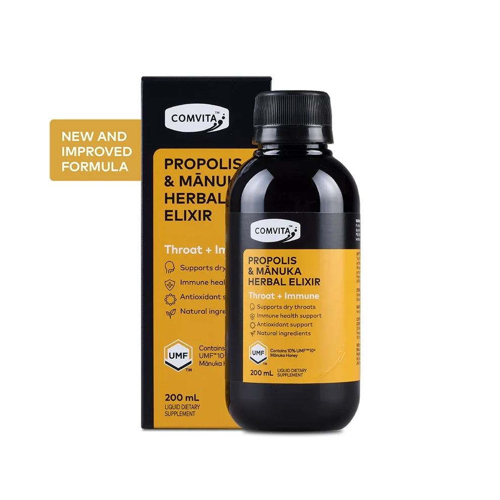 A bottle and box of Comvita Propolis & Manuka Herbal Elixir, 200 mL, shown on a white background with a yellow 'NEW AND IMPROVED FORMULA' badge.
