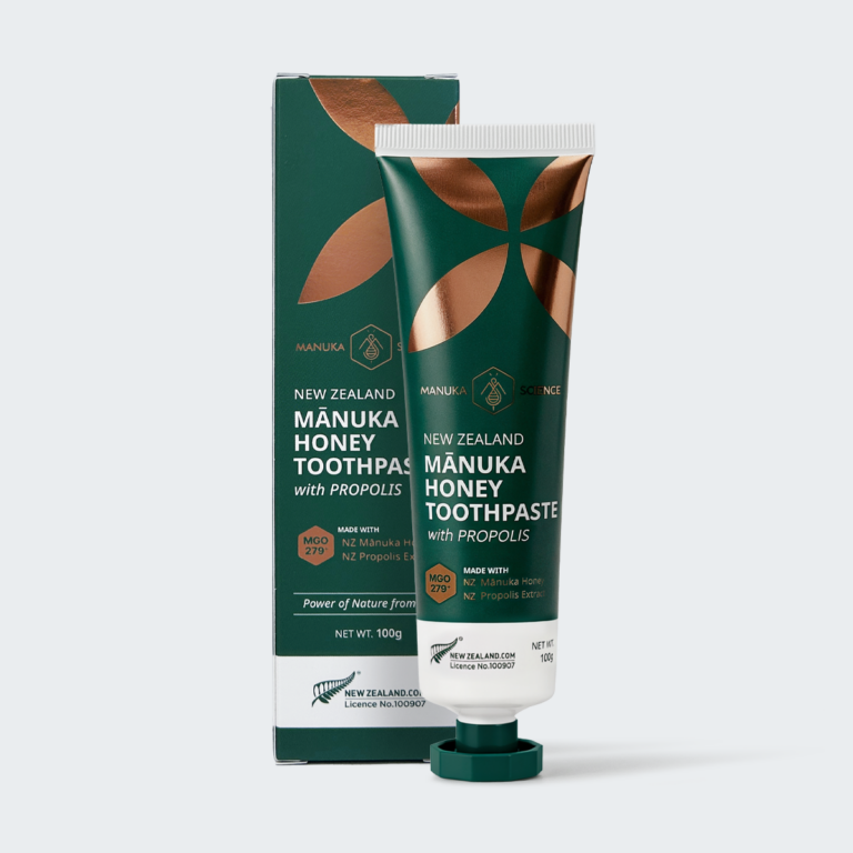 The Manuka Science Mānuka Honey Toothpaste with Propolis 100g — green and gold tube with gift box, MGO 279+, fluoride-free, Product of New Zealand