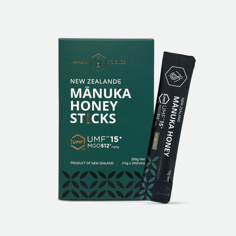 The Manuka Science UMF 15+ Mānuka Honey Sticks 200g (10g x 20 sticks), MGO 512+, green gift box with individual black honey stick, Product of New Zealand